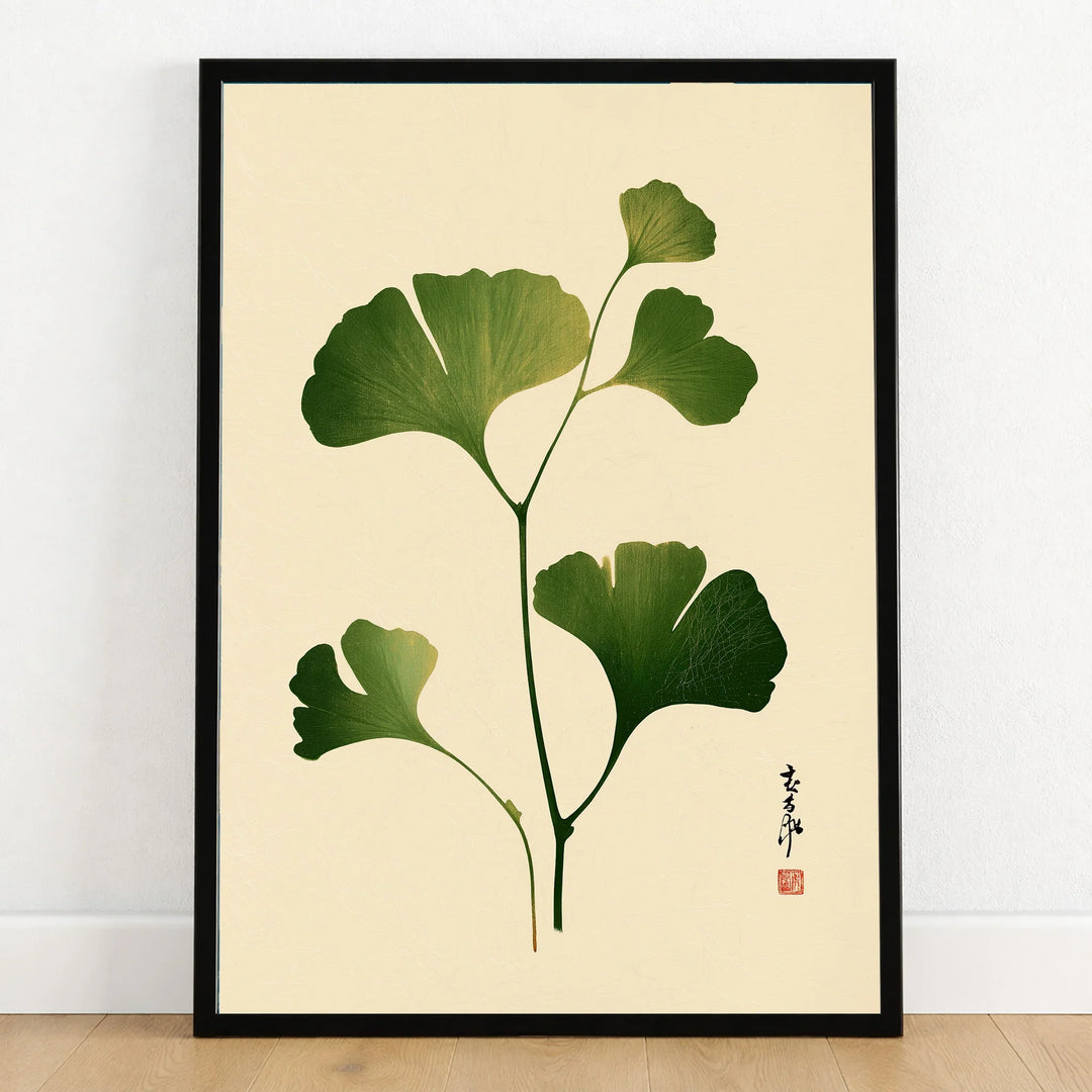 Japanese Ginkgo Leaf Art Print – Vintage Botanical Wall Art — art print in black frame on wooden floor