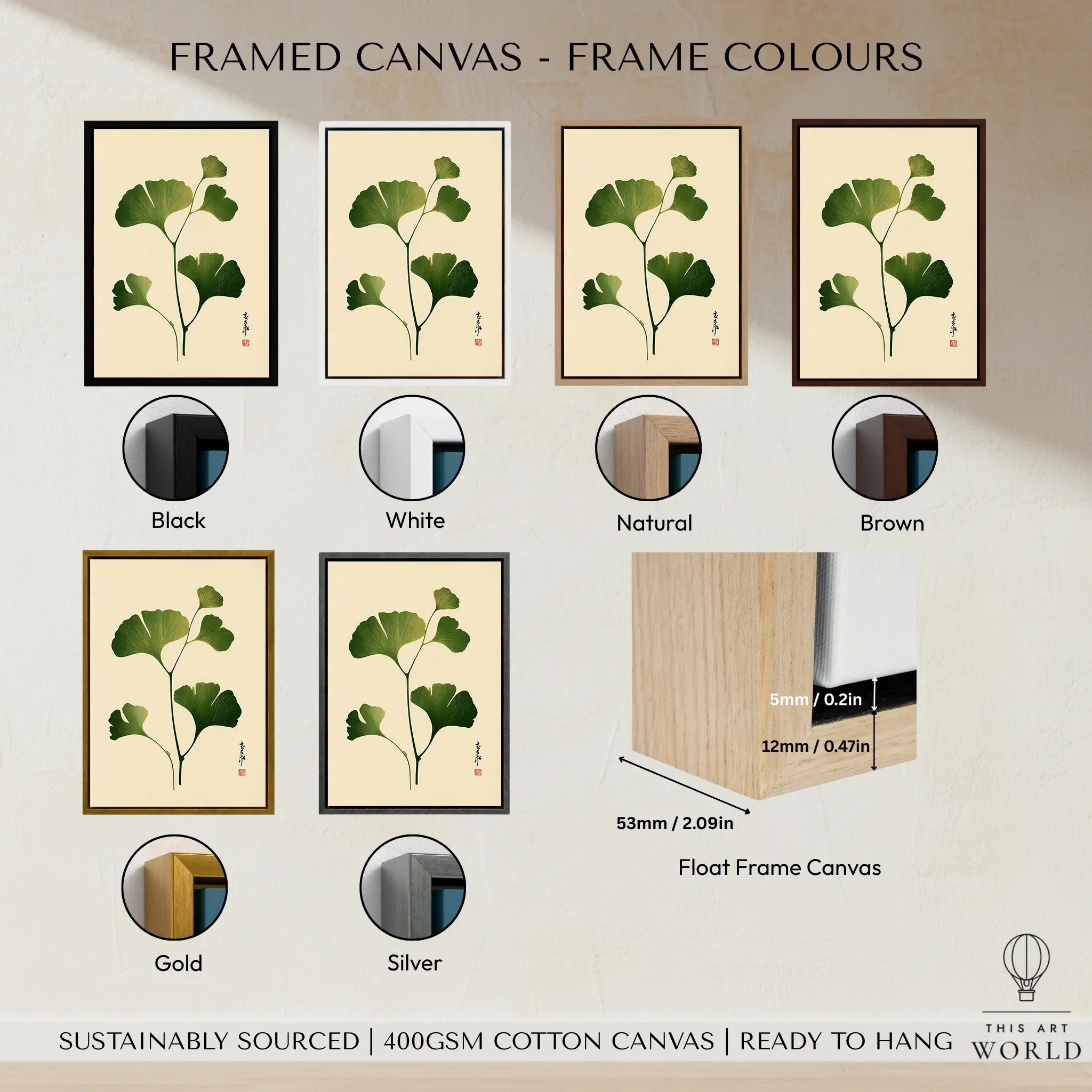 Japanese Ginkgo Leaf Art Print – Vintage Botanical Wall Art — framed canvas float frame colour options