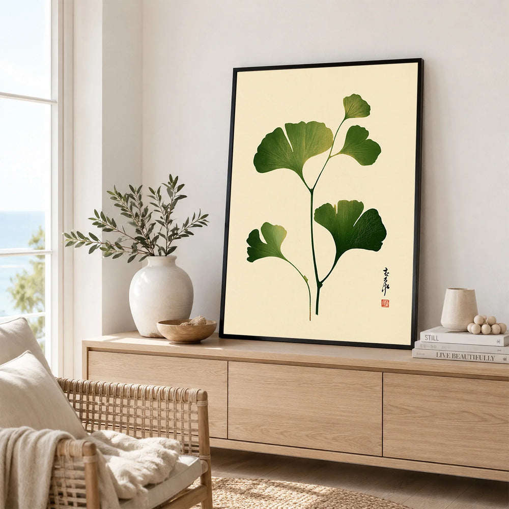 Japanese Ginkgo Leaf Art Print – Vintage Botanical Wall Art — framed artwork living room lifestyle setting