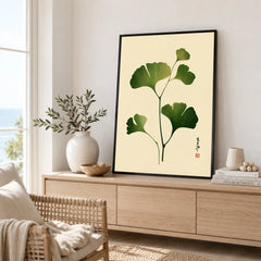 Japanese Ginkgo Leaf Art Print – Vintage Botanical Wall Art — framed artwork living room lifestyle setting