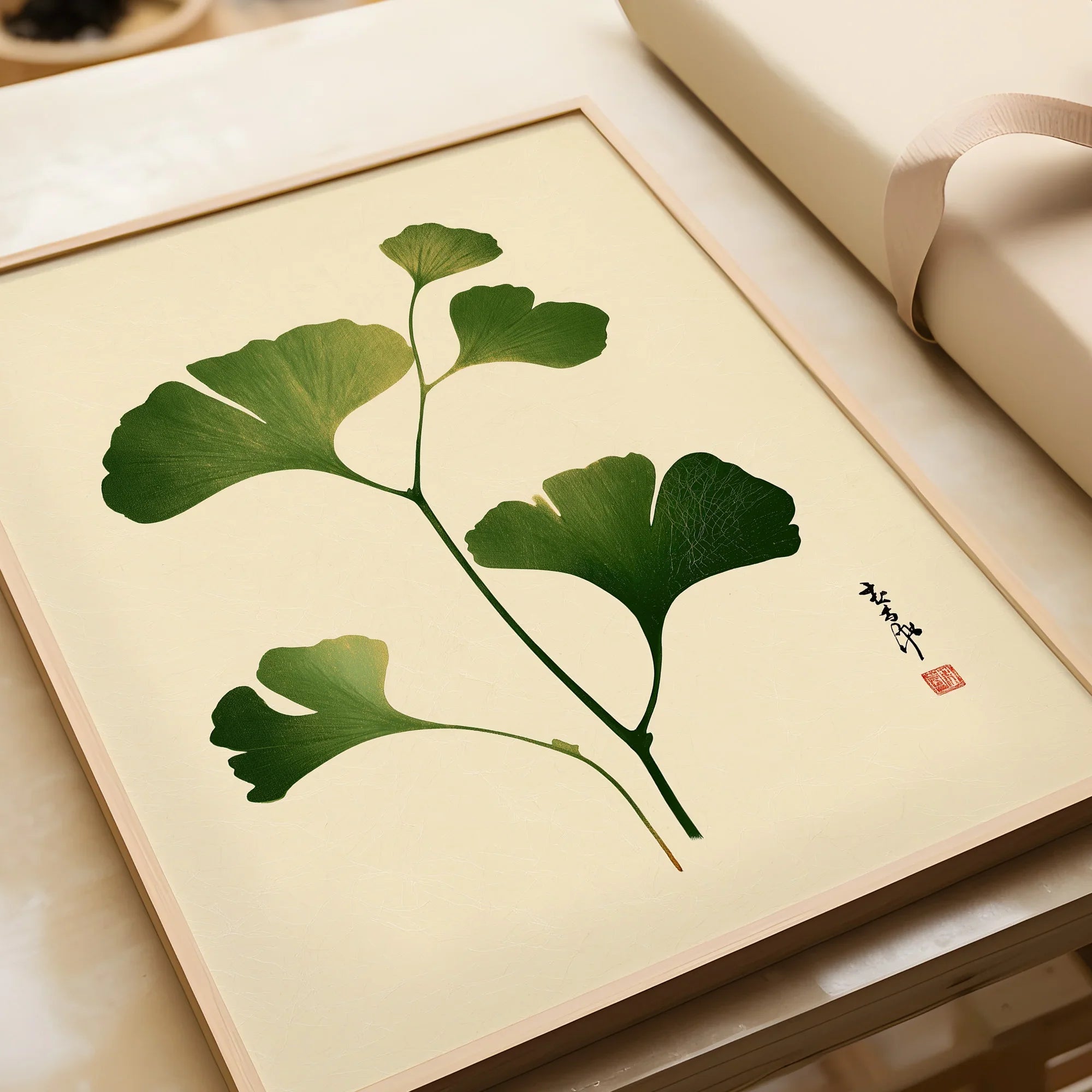 Japanese Ginkgo Leaf Art Print – Vintage Botanical Wall Art — framed art print closeup gift unwrapped natural frame