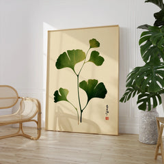 Japanese Ginkgo Leaf Art Print – Vintage Botanical Wall Art — large framed print room setting chair plant