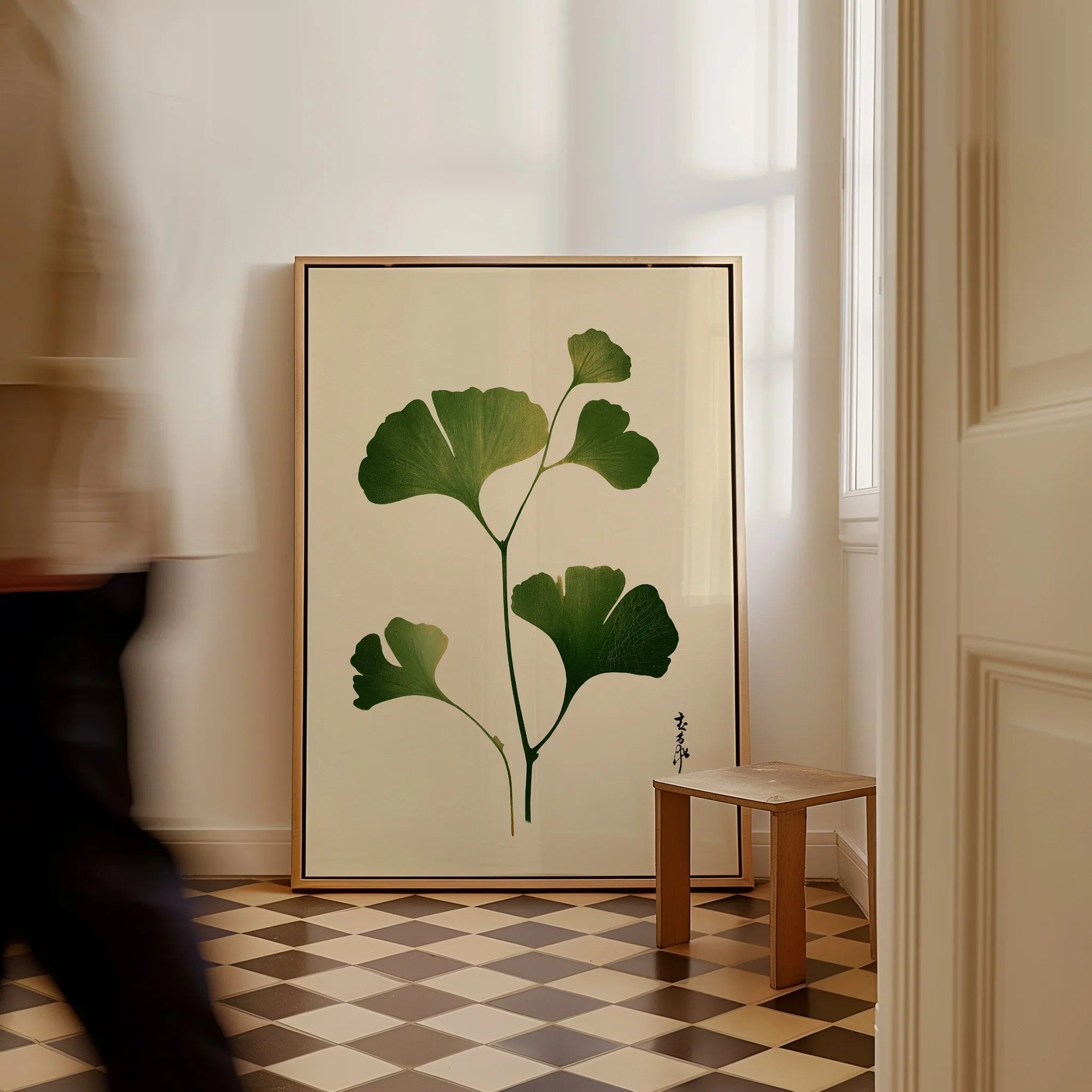 Japanese Ginkgo Leaf Art Print – Vintage Botanical Wall Art — framed canvas on floor man walking past