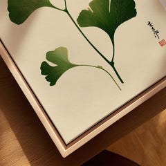 Japanese Ginkgo Leaf Art Print – Vintage Botanical Wall Art — closeup framed canvas natural wood floating frame