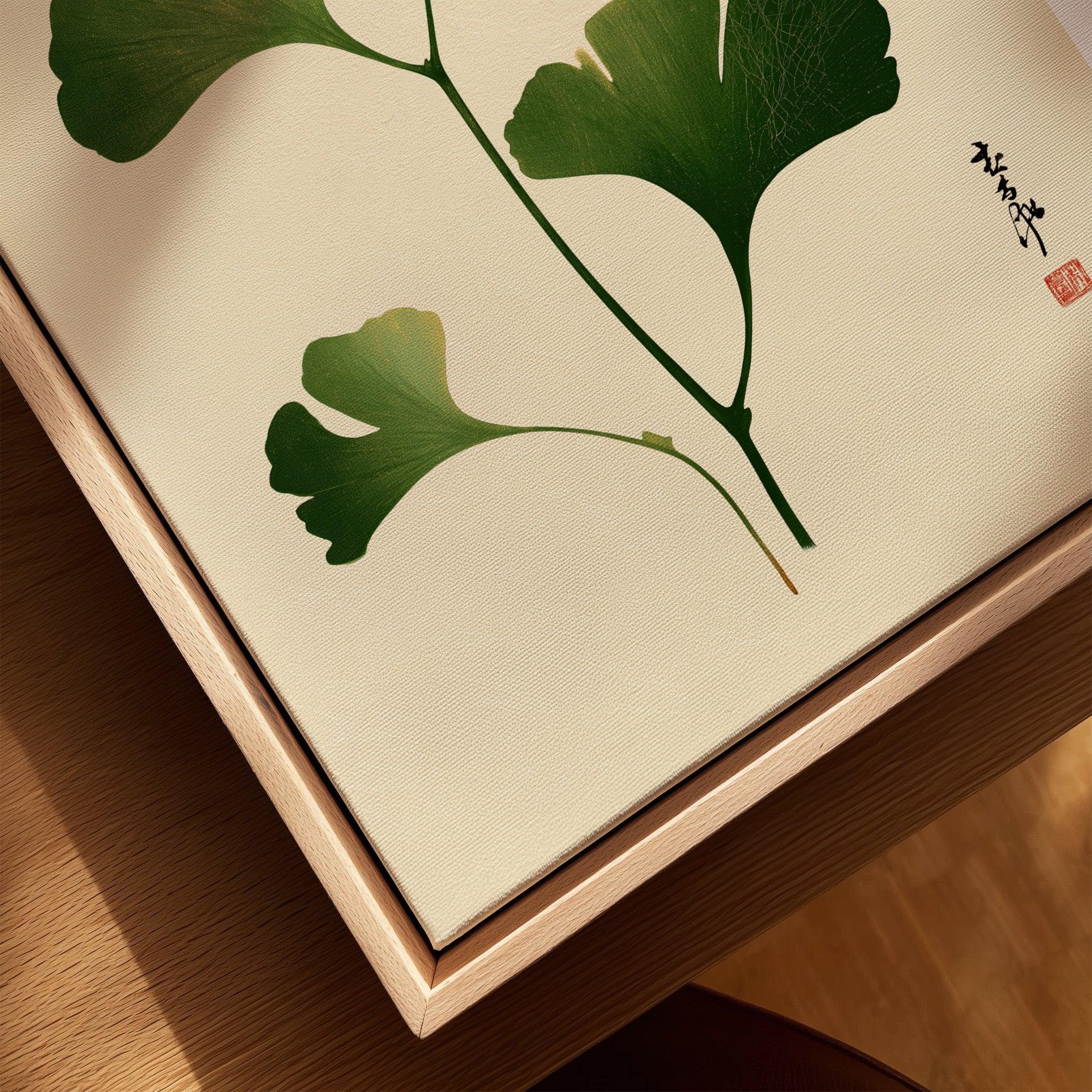 Japanese Ginkgo Leaf Art Print – Vintage Botanical Wall Art — closeup framed canvas natural wood floating frame