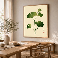Japanese Ginkgo Leaf Art Print – Vintage Botanical Wall Art — dining room framed print natural wood frame