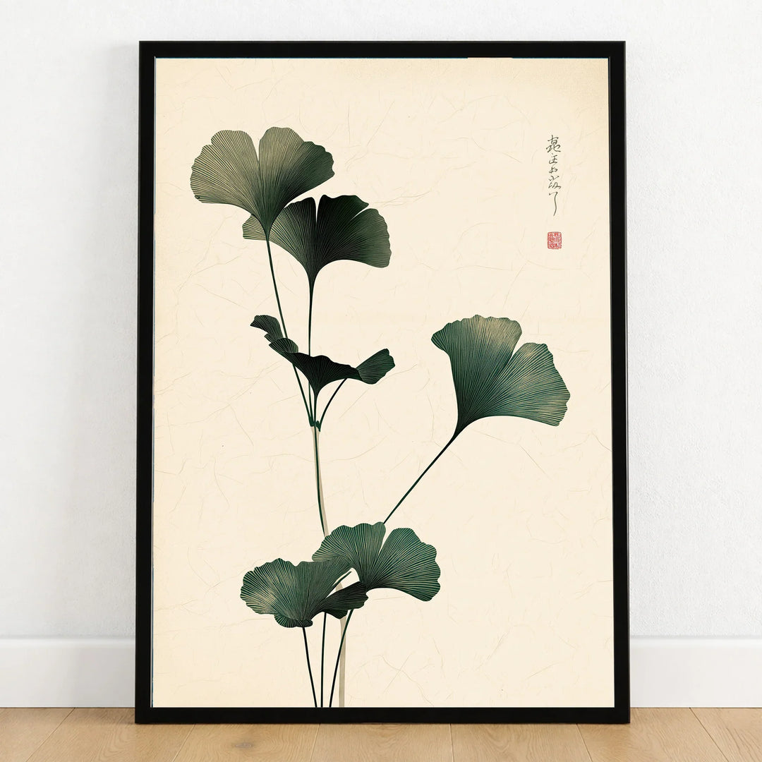 Japanese Ginkgo Art Print – Vintage Botanical Wall Decor — art print in black frame on wooden floor