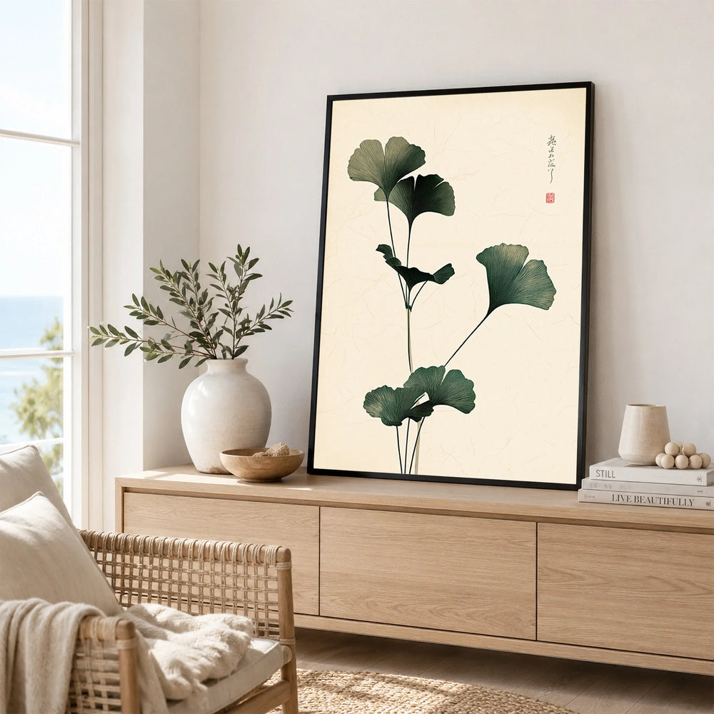Japanese Ginkgo Art Print – Vintage Botanical Wall Decor — framed artwork living room lifestyle setting