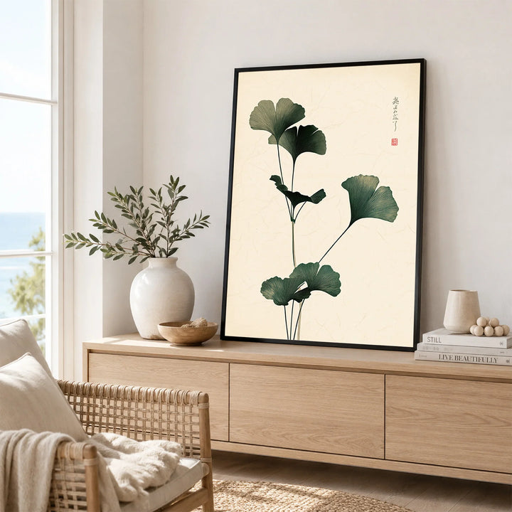 Japanese Ginkgo Art Print – Vintage Botanical Wall Decor — framed artwork living room lifestyle setting