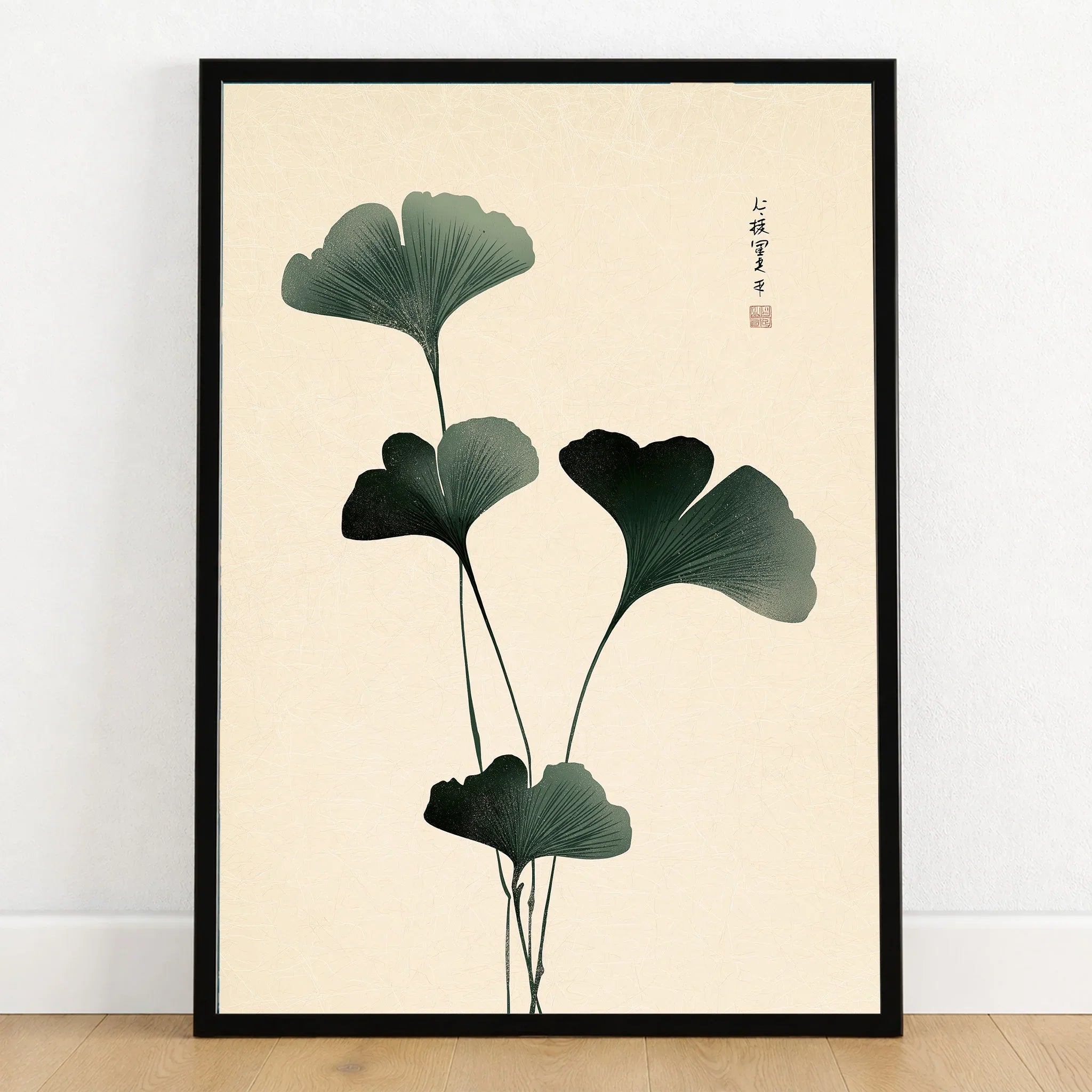 Japanese Ginkgo Leaf Wall Art – Vintage Botanical Print — art print in black frame on wooden floor
