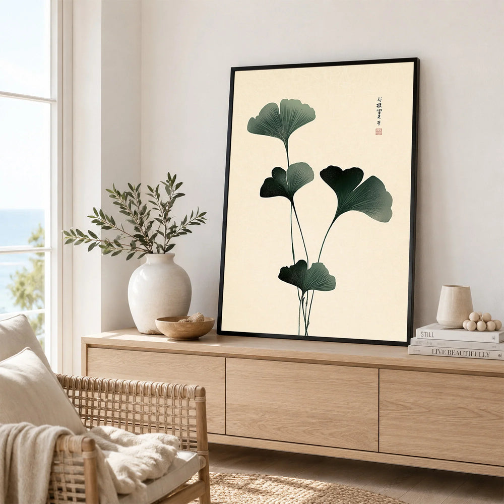 Japanese Ginkgo Leaf Wall Art – Vintage Botanical Print — framed artwork living room lifestyle setting