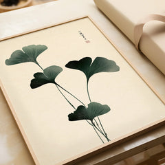 Japanese Ginkgo Leaf Wall Art – Vintage Botanical Print — framed art print closeup gift unwrapped natural frame