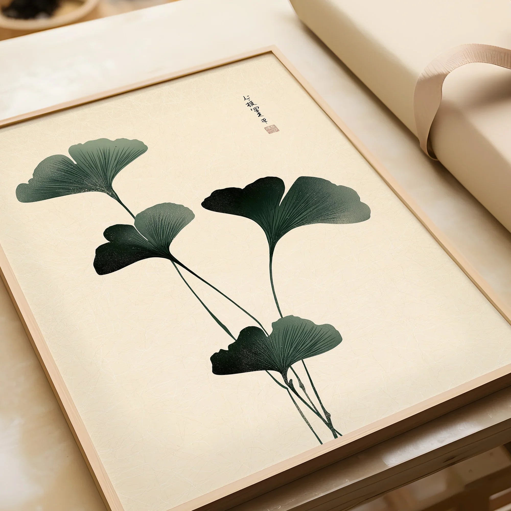 Japanese Ginkgo Leaf Wall Art – Vintage Botanical Print — framed art print closeup gift unwrapped natural frame