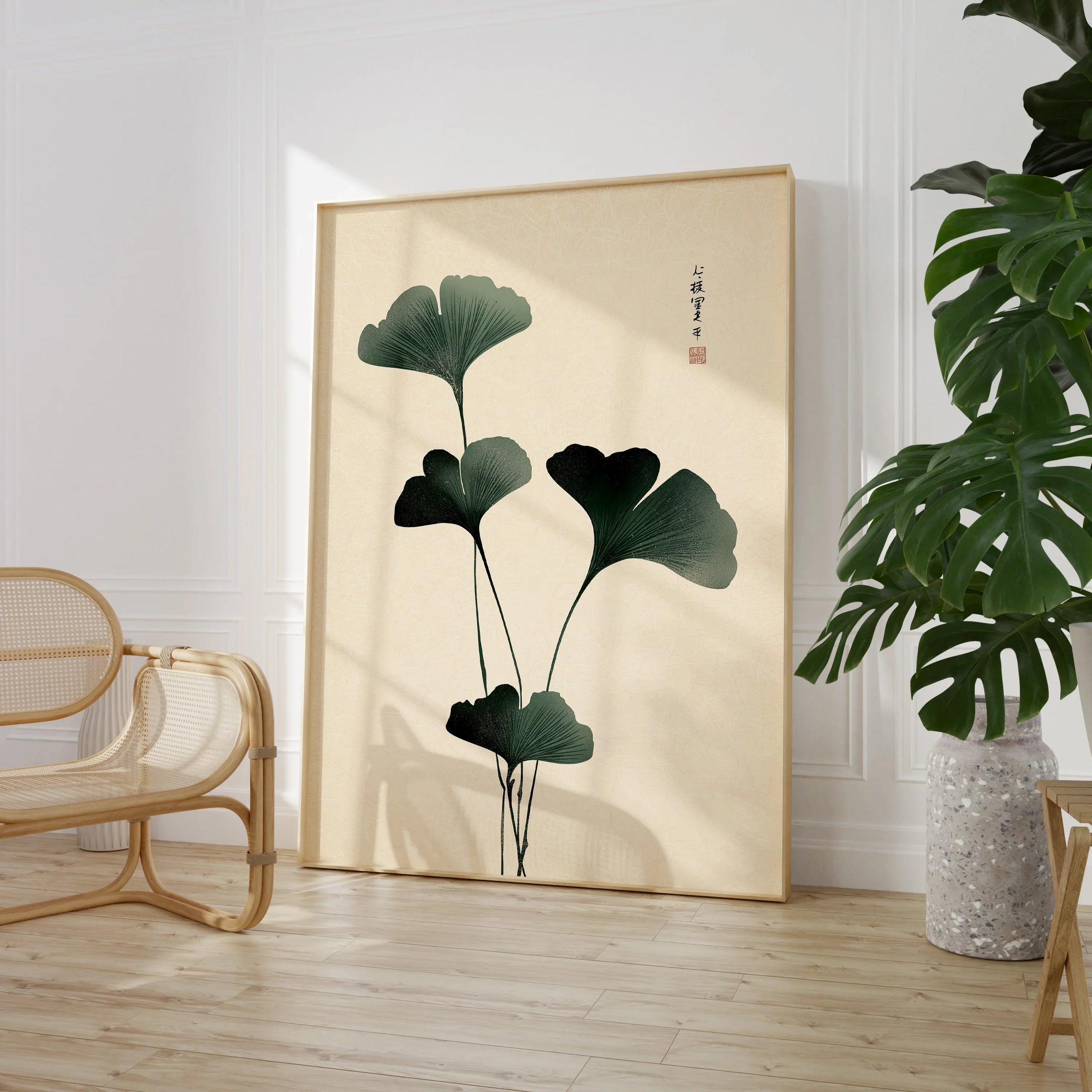 Japanese Ginkgo Leaf Wall Art – Vintage Botanical Print — large framed print room setting chair plant
