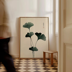 Japanese Ginkgo Leaf Wall Art – Vintage Botanical Print — framed canvas on floor man walking past