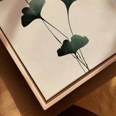 Japanese Ginkgo Leaf Wall Art – Vintage Botanical Print — closeup framed canvas natural wood floating frame