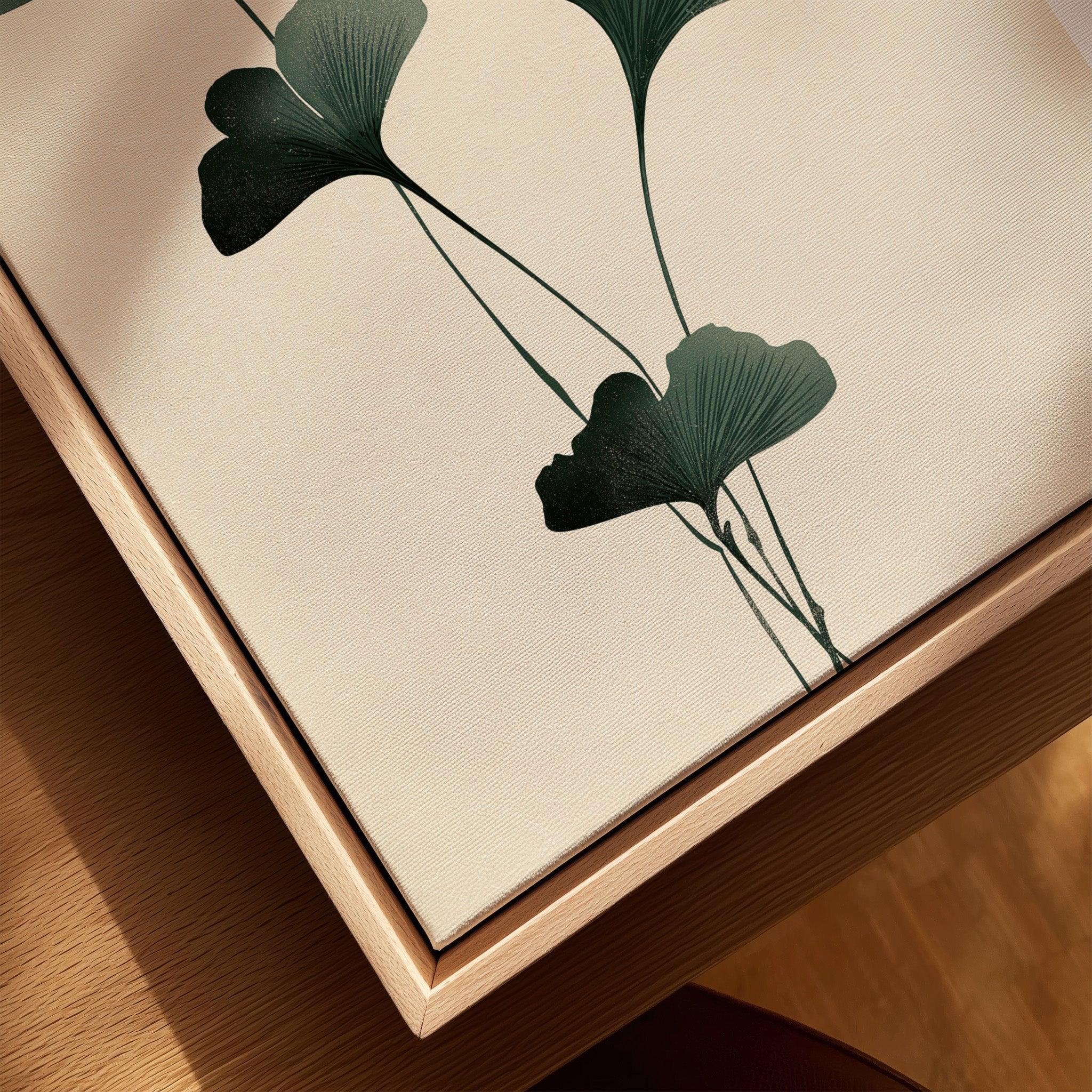 Japanese Ginkgo Leaf Wall Art – Vintage Botanical Print — closeup framed canvas natural wood floating frame