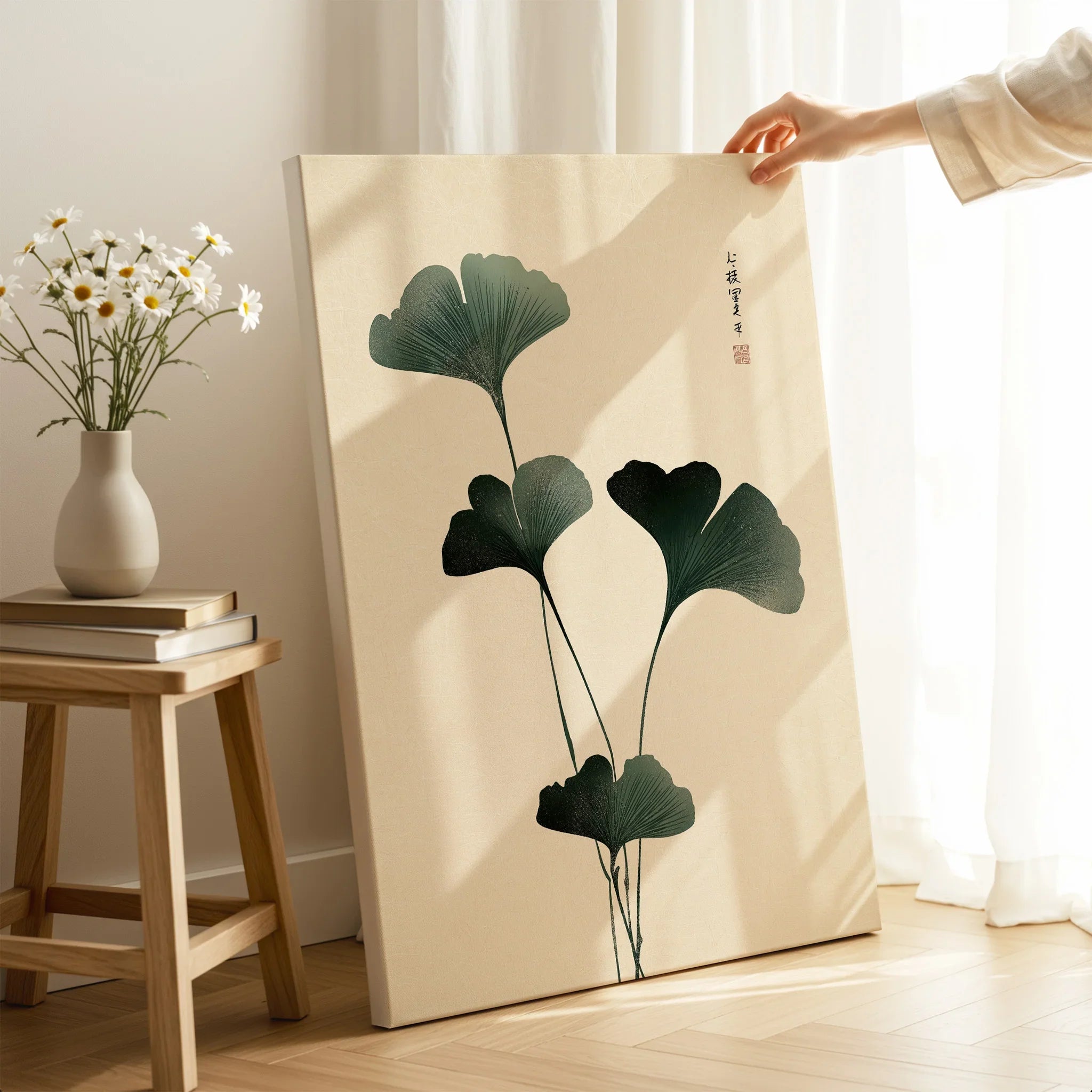 Japanese Ginkgo Leaf Wall Art – Vintage Botanical Print — canvas print mirror edge hand holding room setting