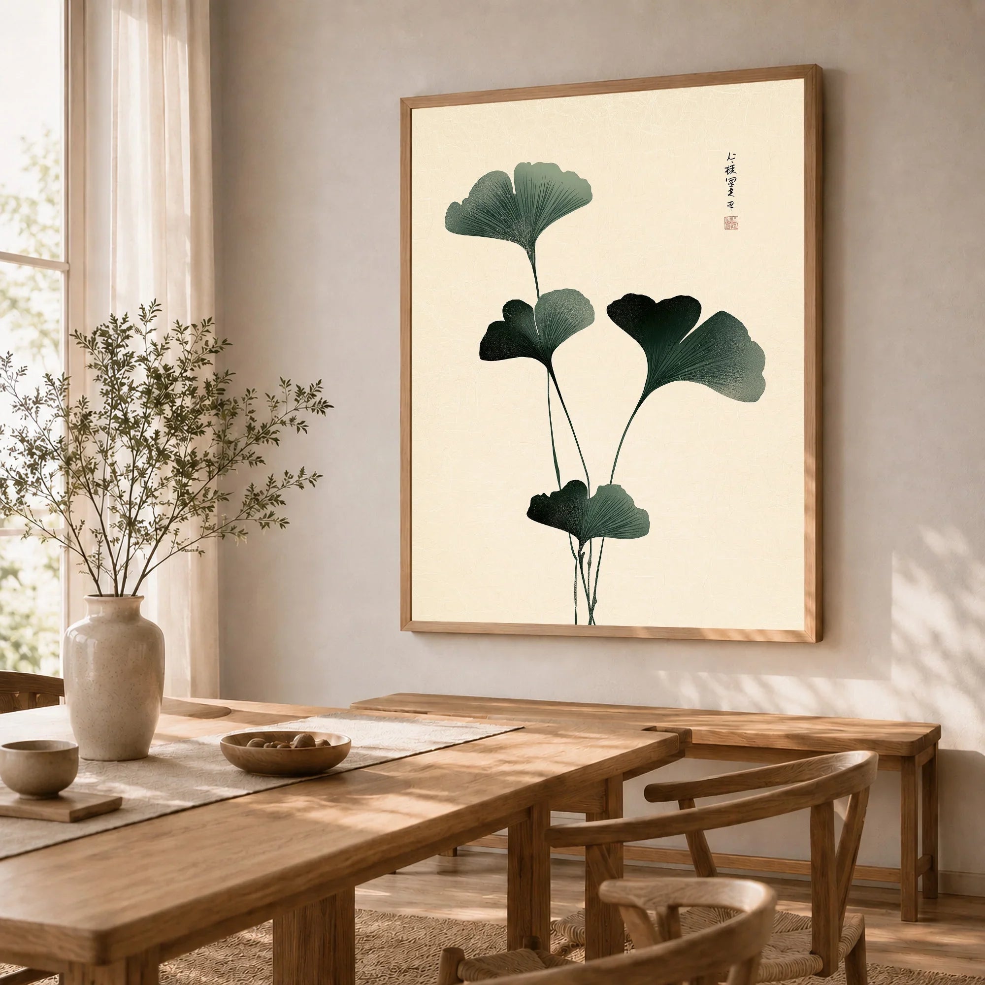 Japanese Ginkgo Leaf Wall Art – Vintage Botanical Print — dining room framed print natural wood frame
