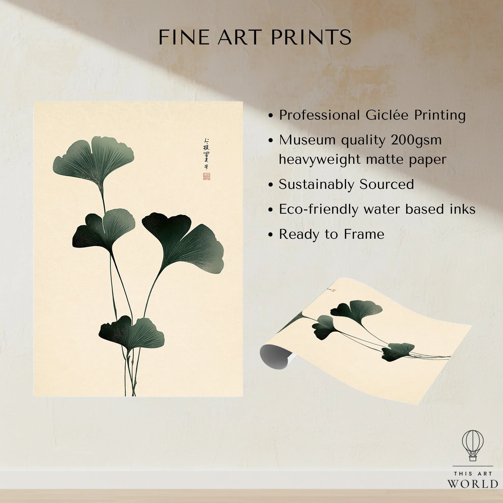 Japanese Ginkgo Leaf Wall Art – Vintage Botanical Print — fine art print unframed quality details