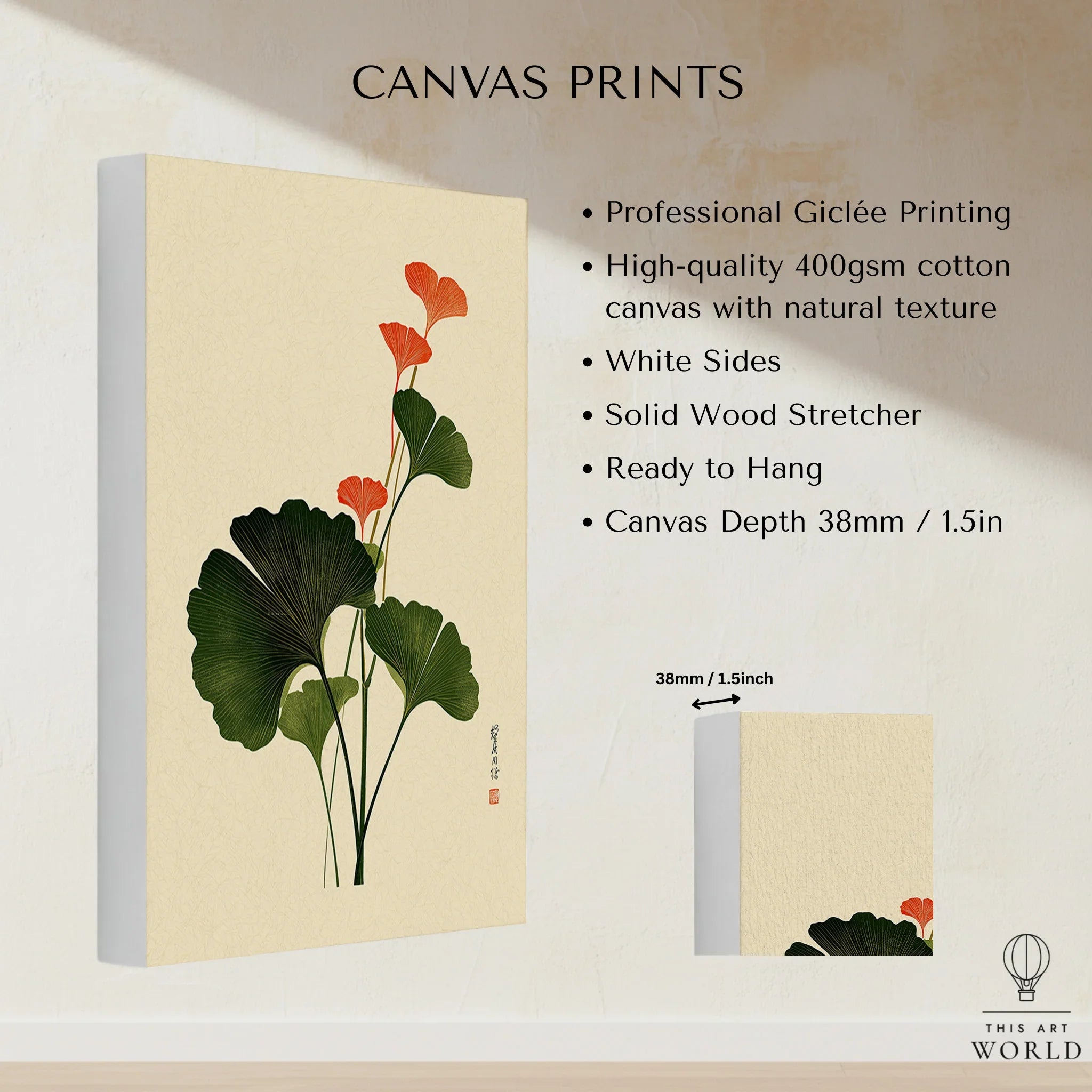 Japanese Ginkgo Art Print – Green & Red Botanical Wall Art — canvas print stretched cotton canvas details