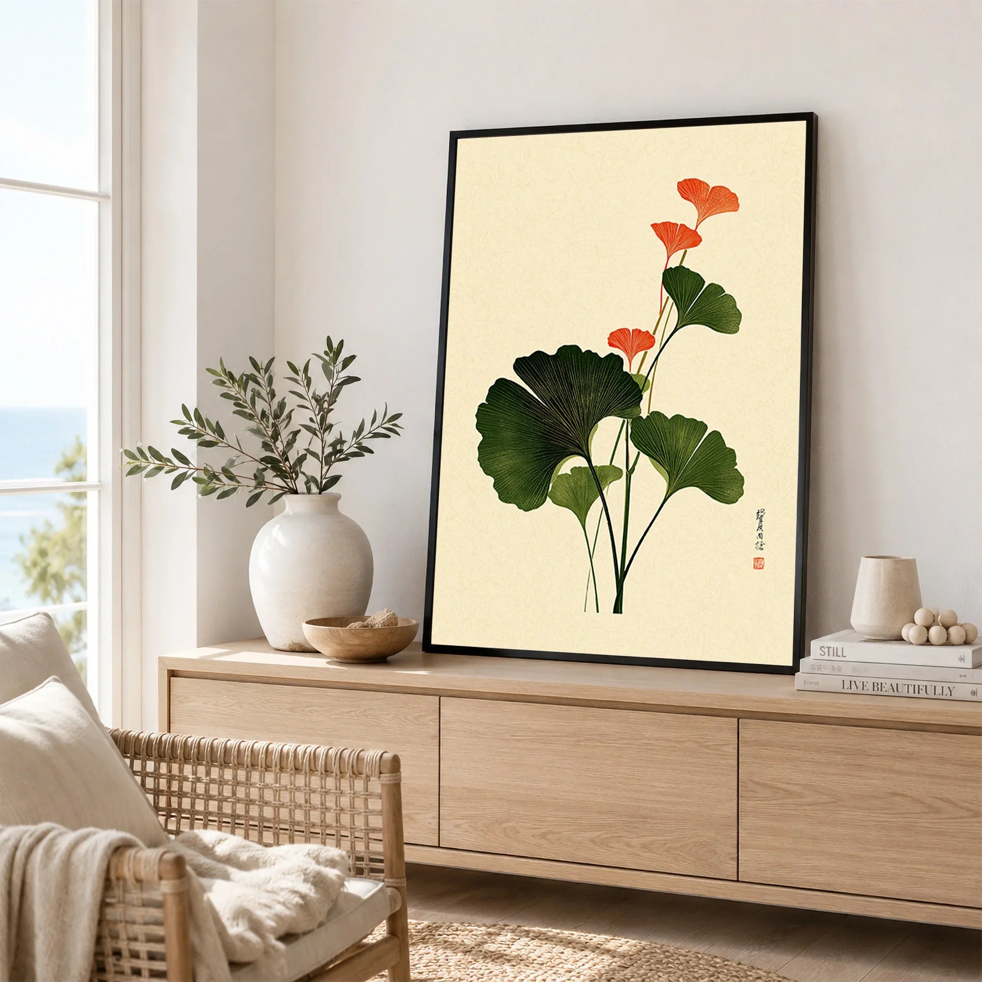Japanese Ginkgo Art Print – Green & Red Botanical Wall Art — framed artwork living room lifestyle setting