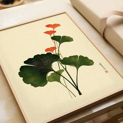 Japanese Ginkgo Art Print – Green & Red Botanical Wall Art — framed art print closeup gift unwrapped natural frame
