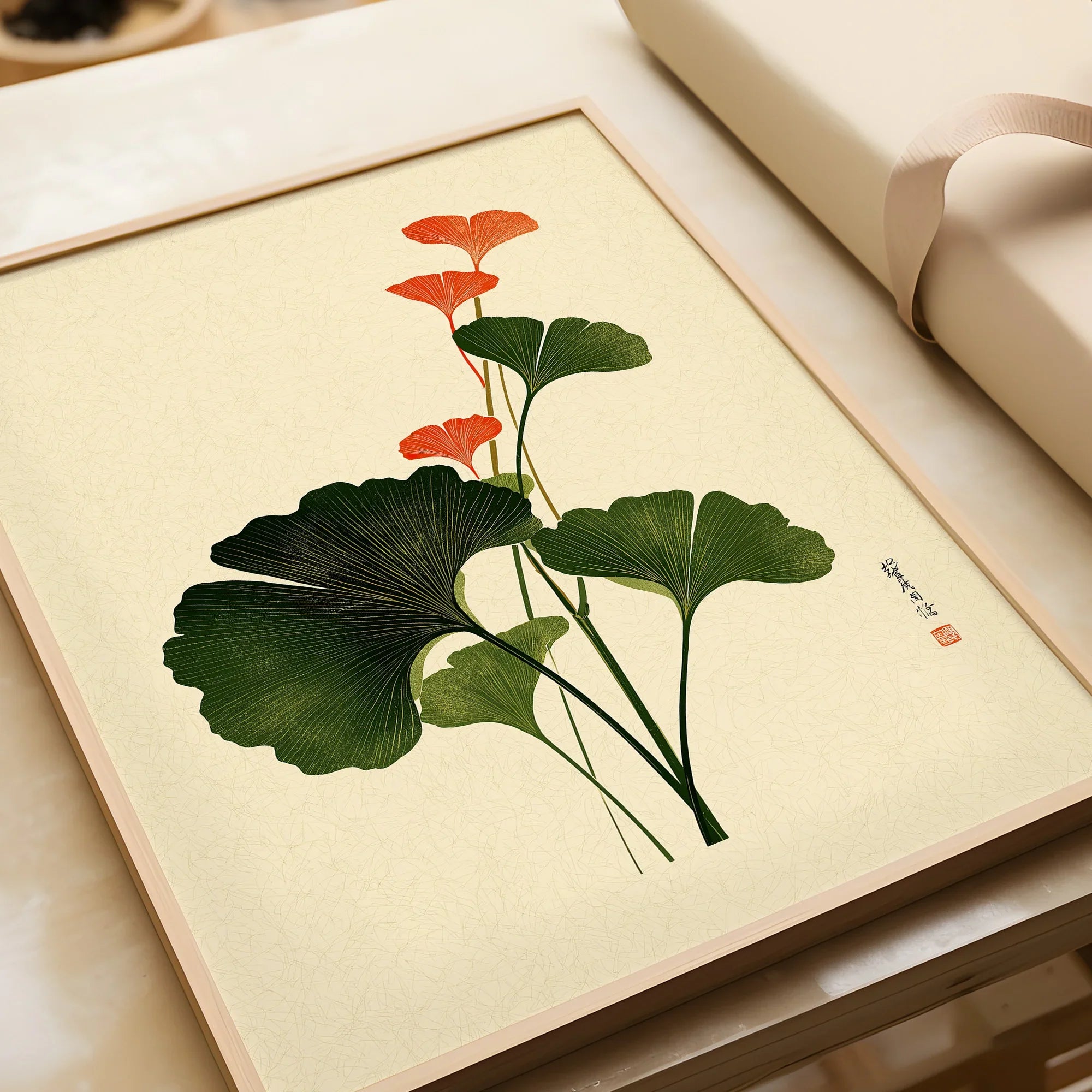 Japanese Ginkgo Art Print – Green & Red Botanical Wall Art — framed art print closeup gift unwrapped natural frame