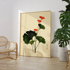 Japanese Ginkgo Art Print – Green & Red Botanical Wall Art — large framed print room setting chair plant