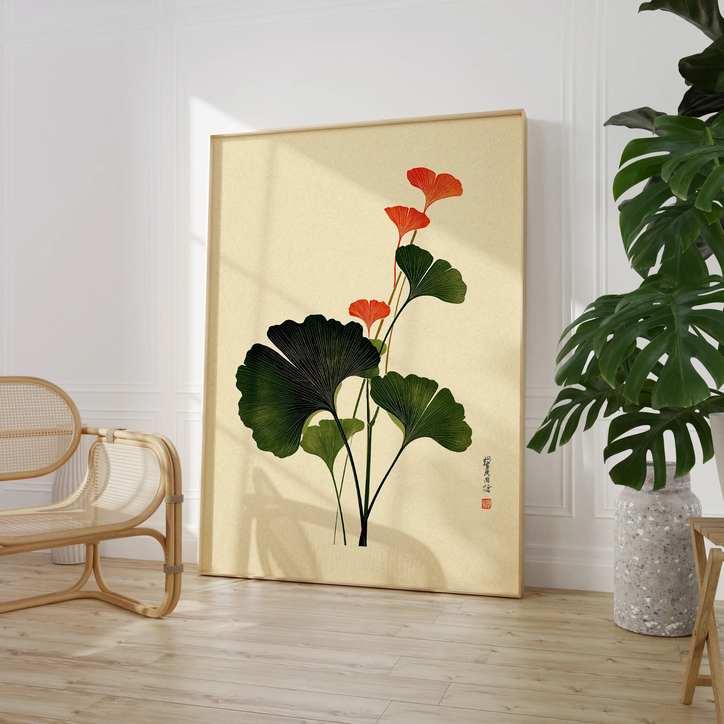 Japanese Ginkgo Art Print – Green & Red Botanical Wall Art — large framed print room setting chair plant
