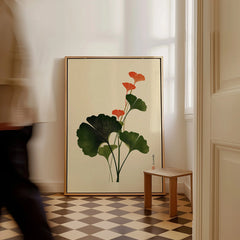 Japanese Ginkgo Art Print – Green & Red Botanical Wall Art — framed canvas on floor man walking past
