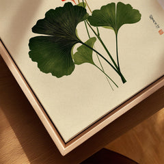 Japanese Ginkgo Art Print – Green & Red Botanical Wall Art — closeup framed canvas natural wood floating frame