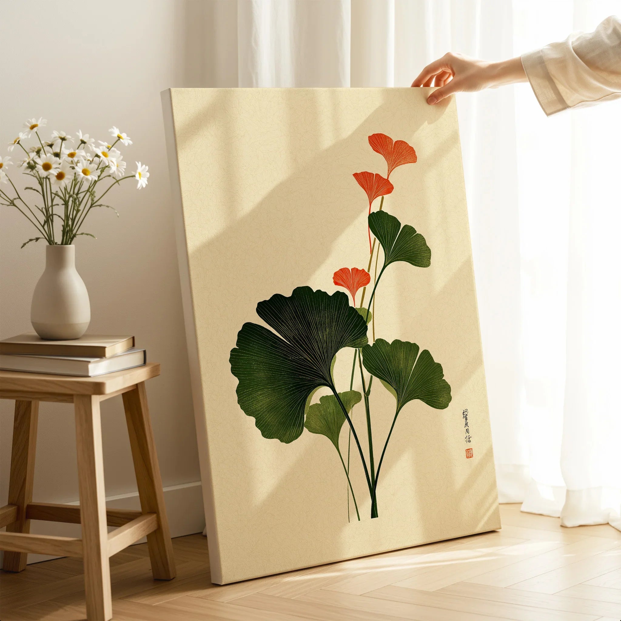 Japanese Ginkgo Art Print – Green & Red Botanical Wall Art — canvas print mirror edge hand holding room setting