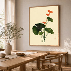 Japanese Ginkgo Art Print – Green & Red Botanical Wall Art — dining room framed print natural wood frame