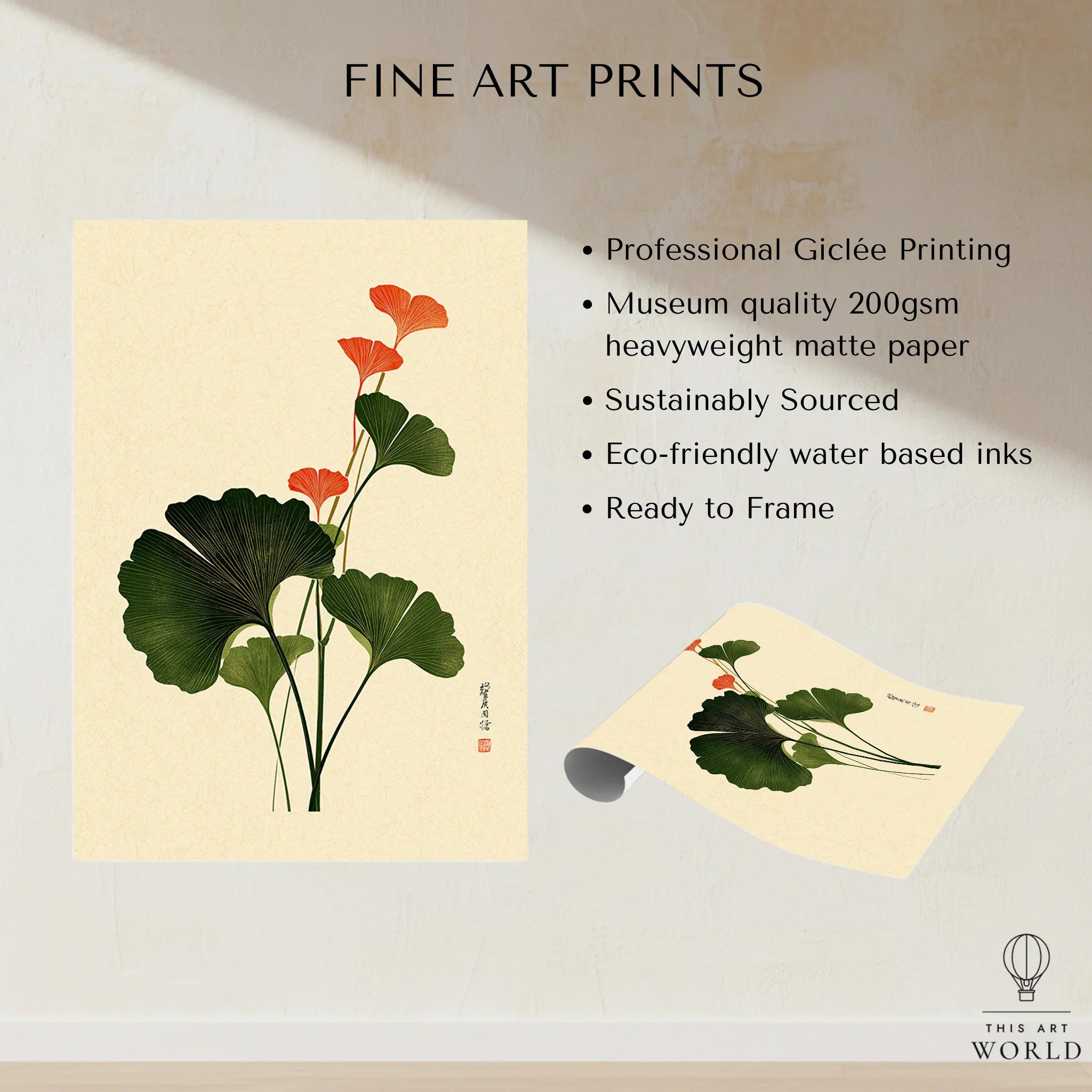 Japanese Ginkgo Art Print – Green & Red Botanical Wall Art — fine art print unframed quality details