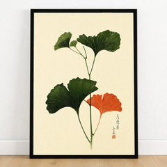 Japanese Ginkgo Leaf Print – Vintage Japan Botanical Art — art print in black frame on wooden floor