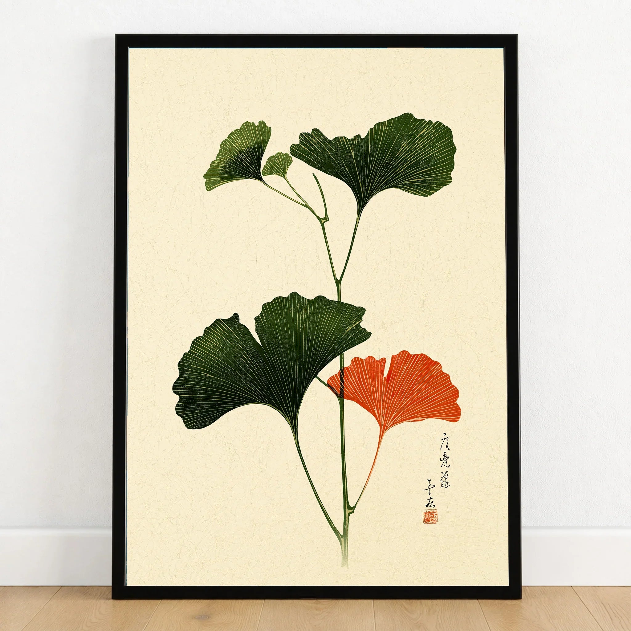 Japanese Ginkgo Leaf Print – Vintage Japan Botanical Art — art print in black frame on wooden floor