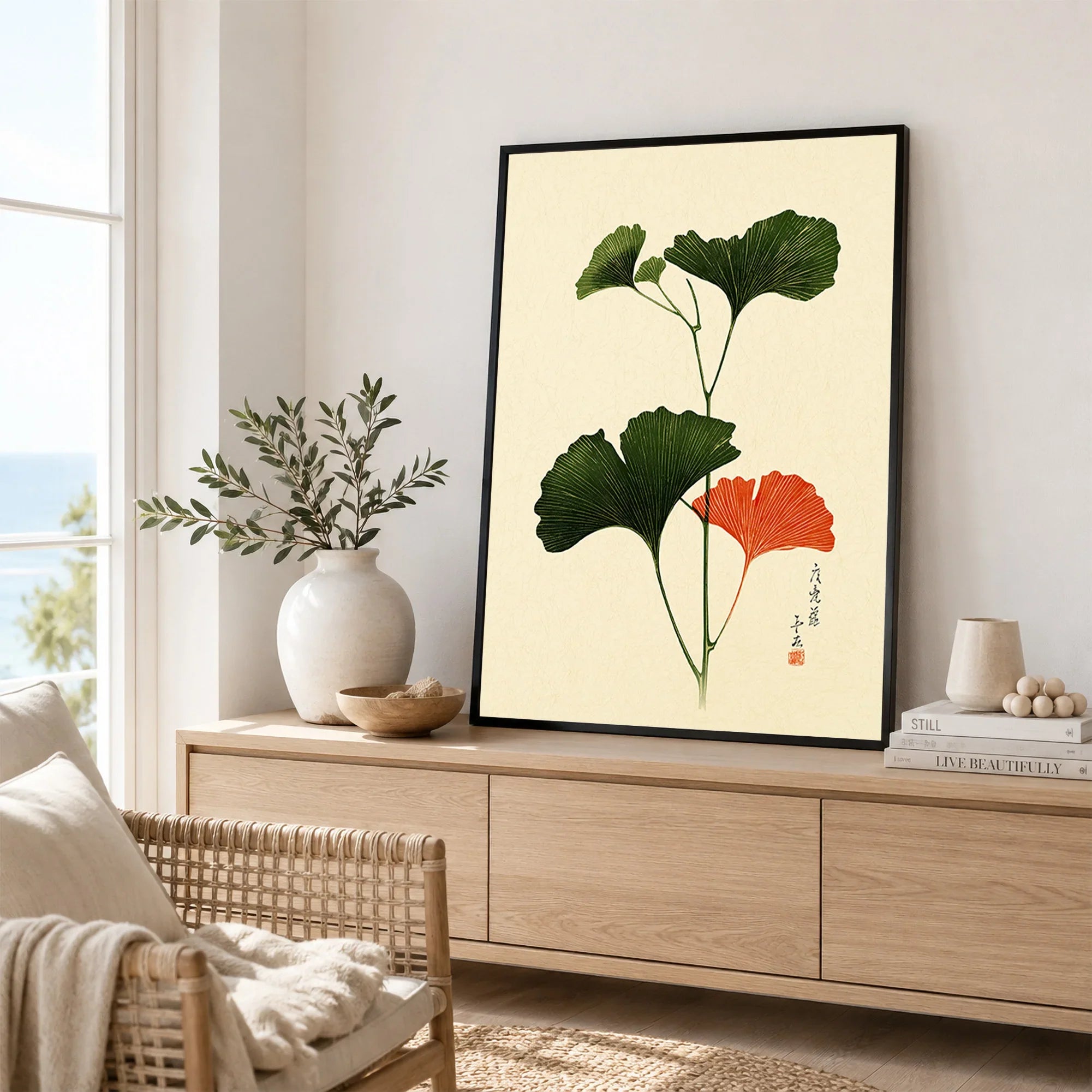 Japanese Ginkgo Leaf Print – Vintage Japan Botanical Art — framed artwork living room lifestyle setting