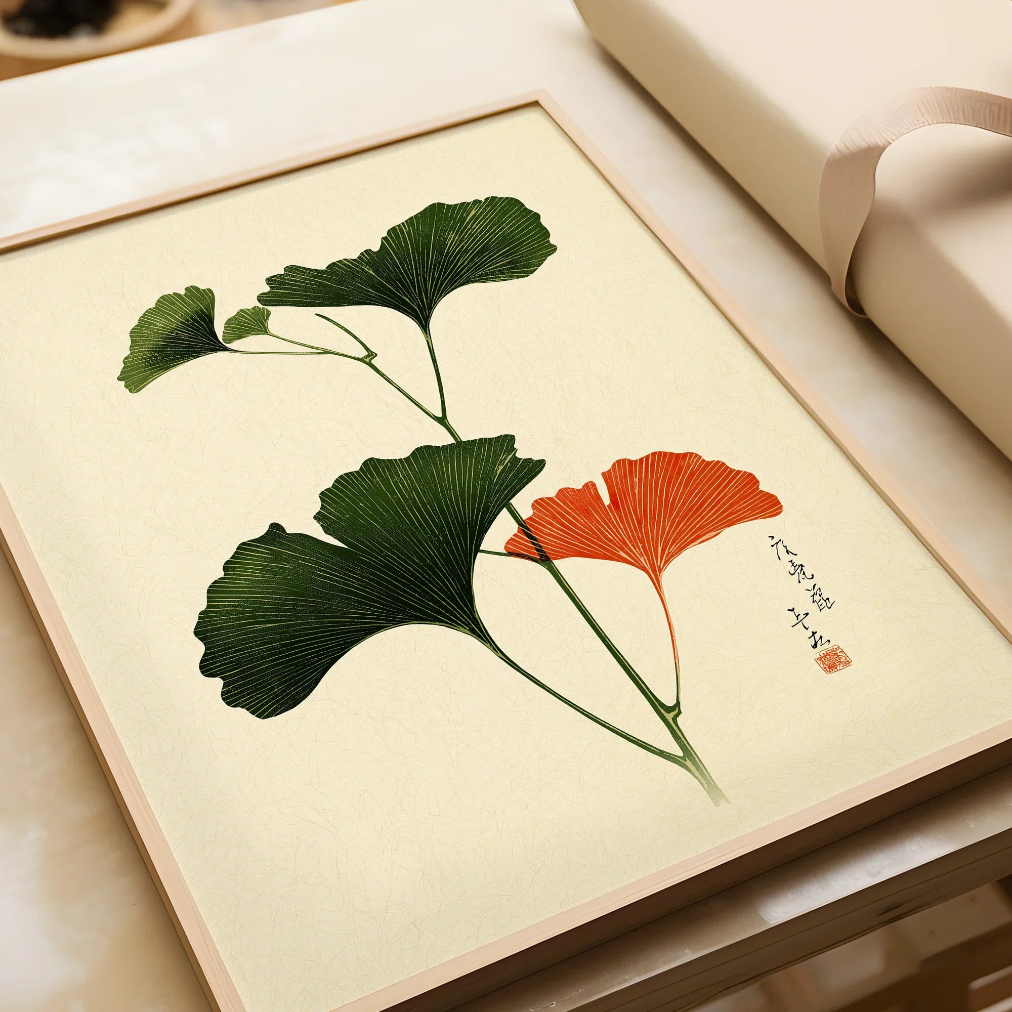 Japanese Ginkgo Leaf Print – Vintage Japan Botanical Art — framed art print closeup gift unwrapped natural frame
