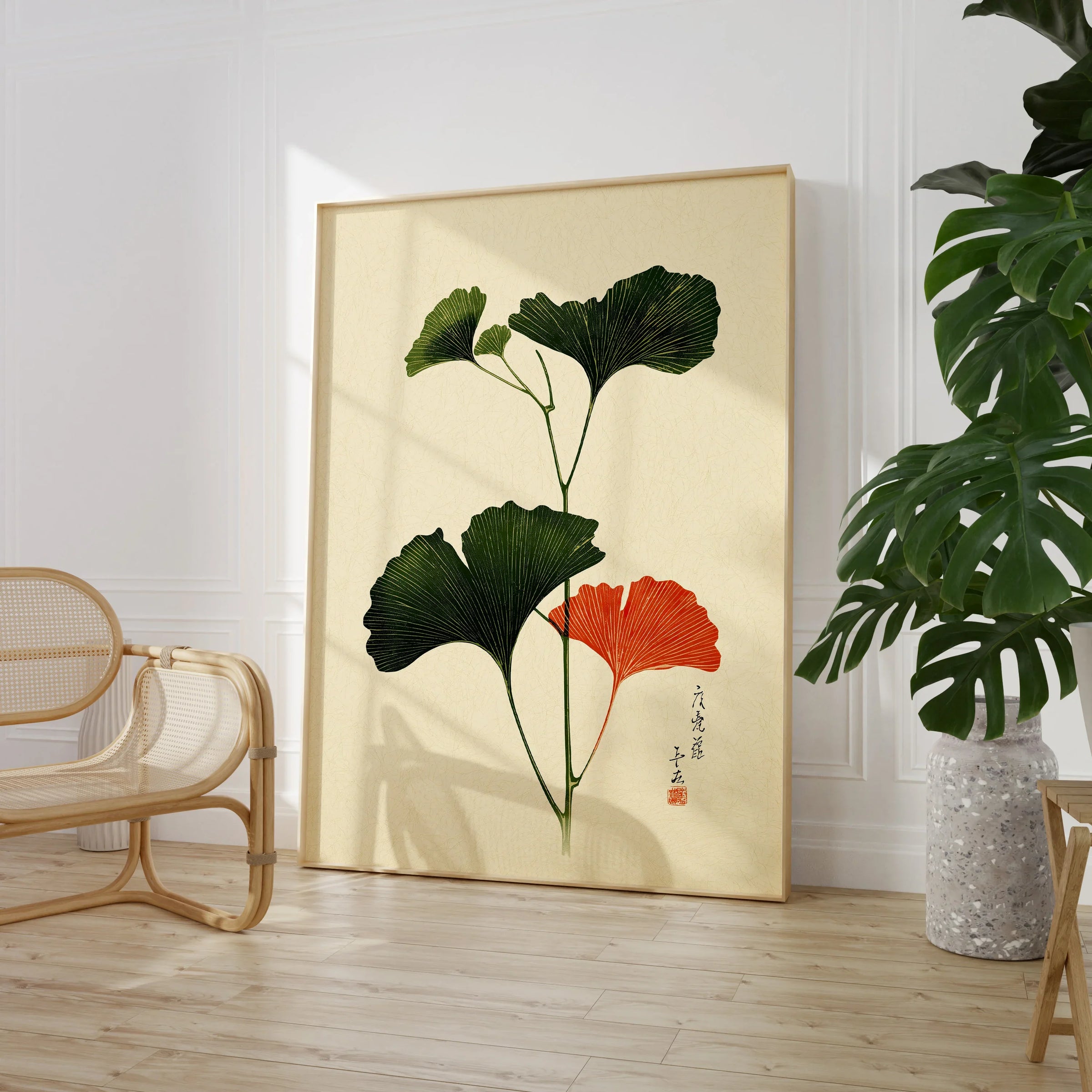 Japanese Ginkgo Leaf Print – Vintage Japan Botanical Art — large framed print room setting chair plant