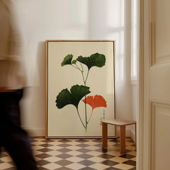 Japanese Ginkgo Leaf Print – Vintage Japan Botanical Art — framed canvas on floor man walking past