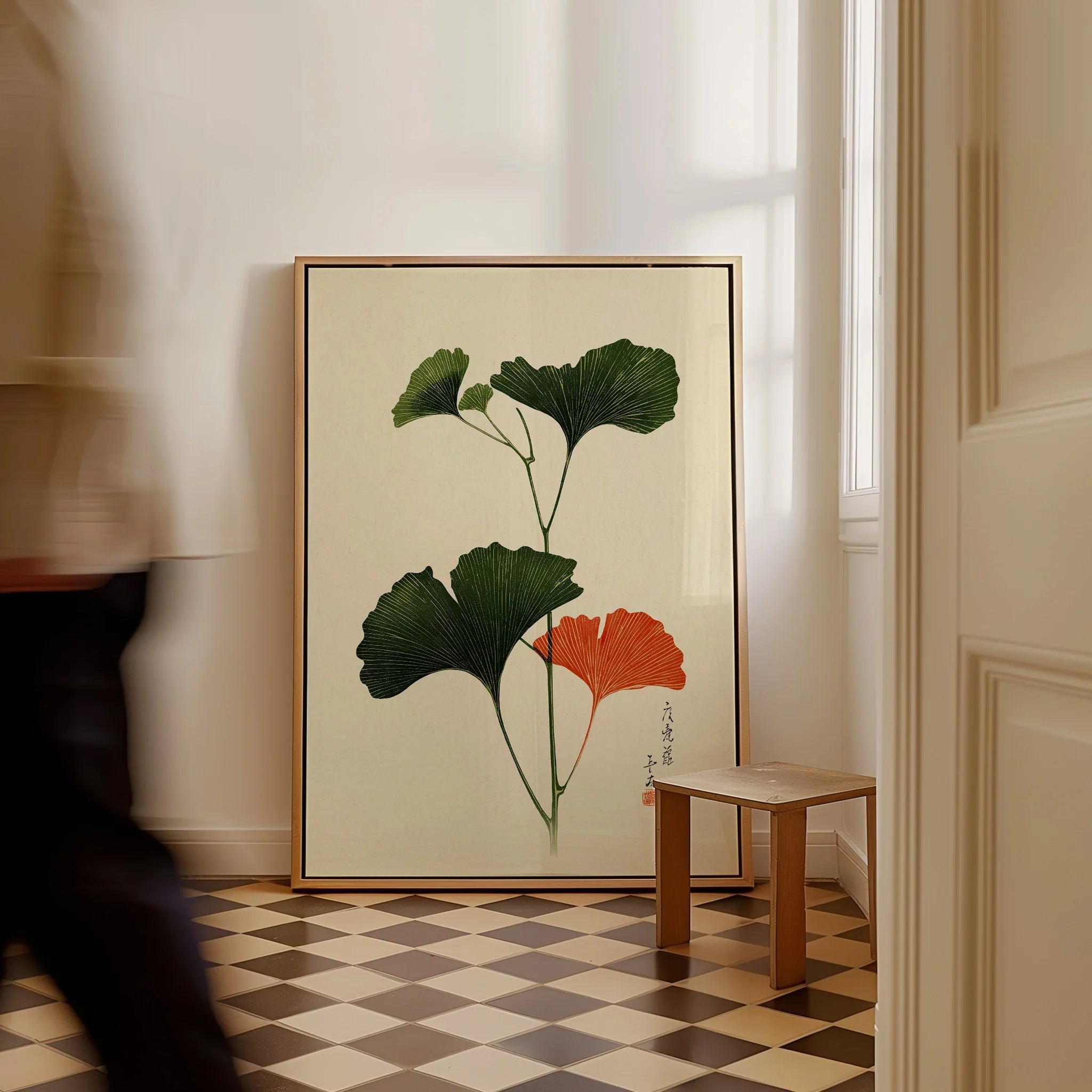 Japanese Ginkgo Leaf Print – Vintage Japan Botanical Art — framed canvas on floor man walking past