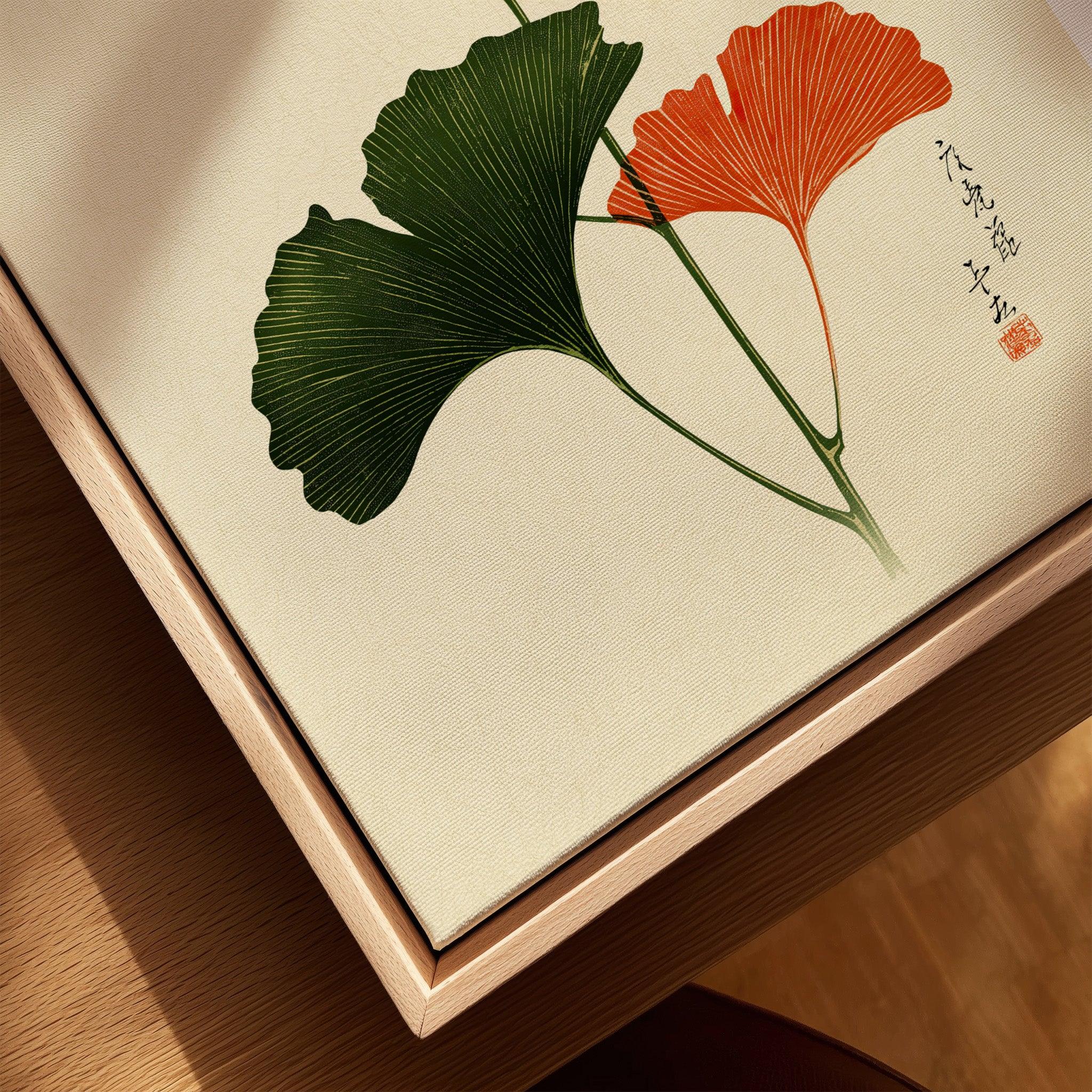 Japanese Ginkgo Leaf Print – Vintage Japan Botanical Art — closeup framed canvas natural wood floating frame