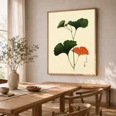 Japanese Ginkgo Leaf Print – Vintage Japan Botanical Art — dining room framed print natural wood frame