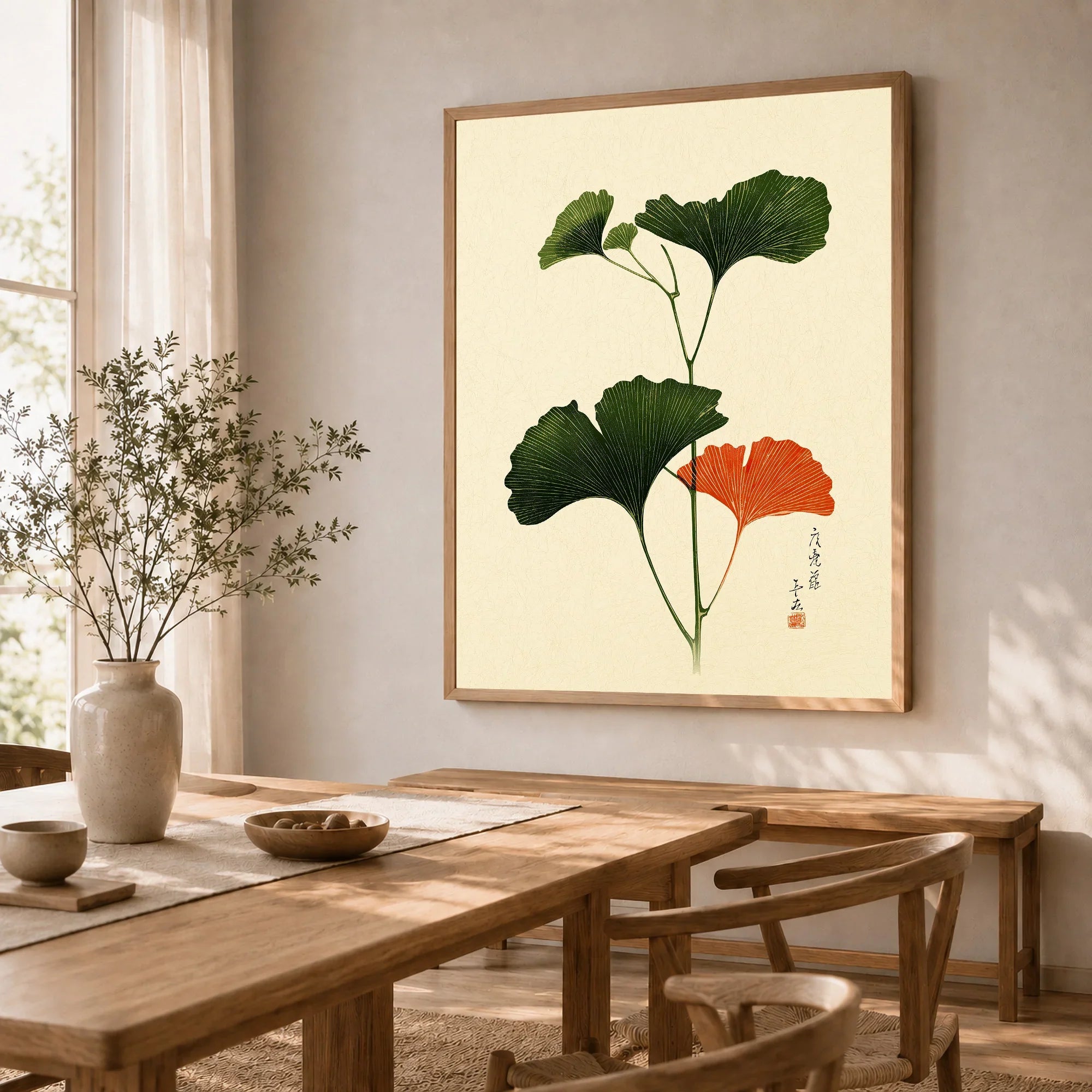 Japanese Ginkgo Leaf Print – Vintage Japan Botanical Art — dining room framed print natural wood frame