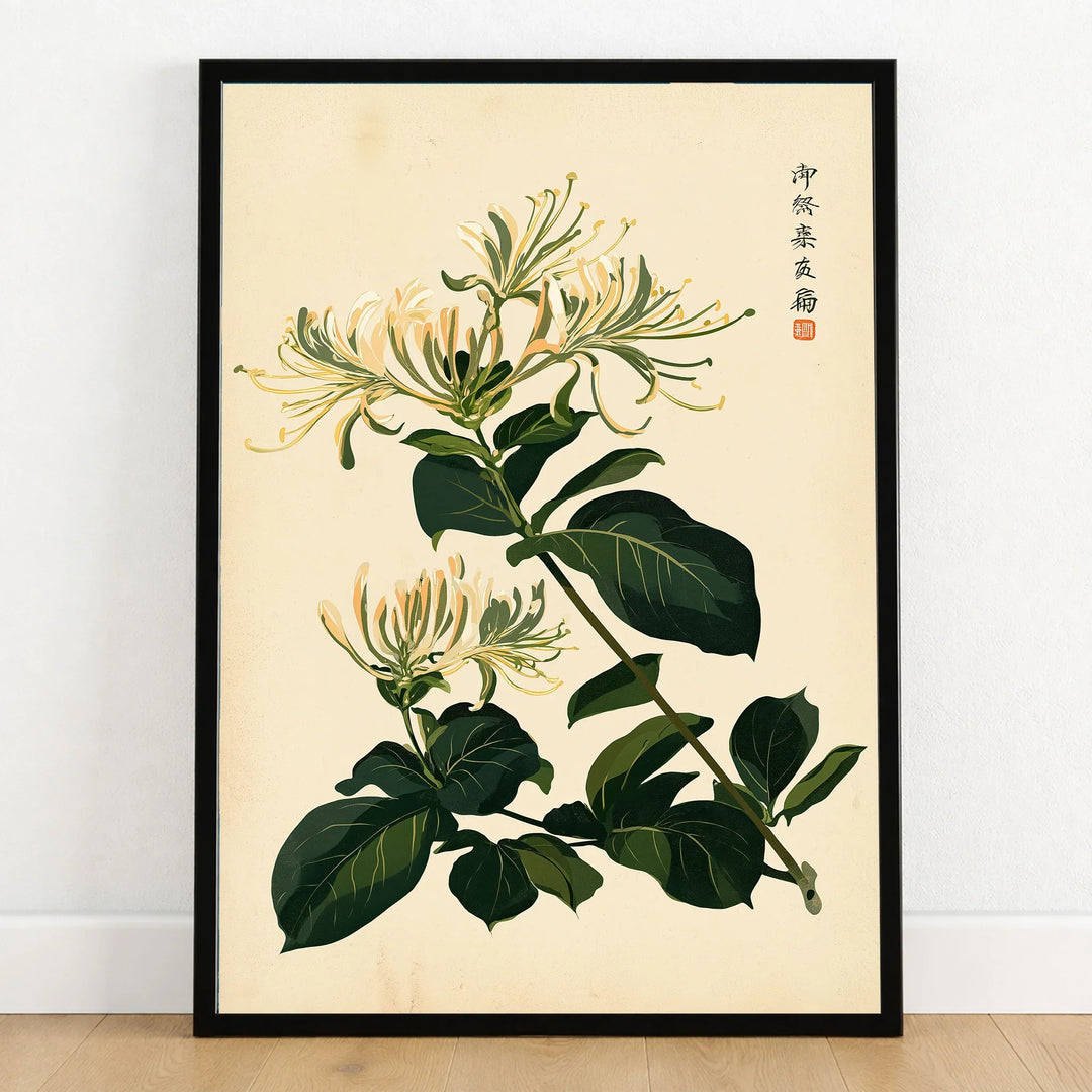 Japanese Honeysuckle Art Print – Vintage Botanical Wall Art — art print in black frame on wooden floor