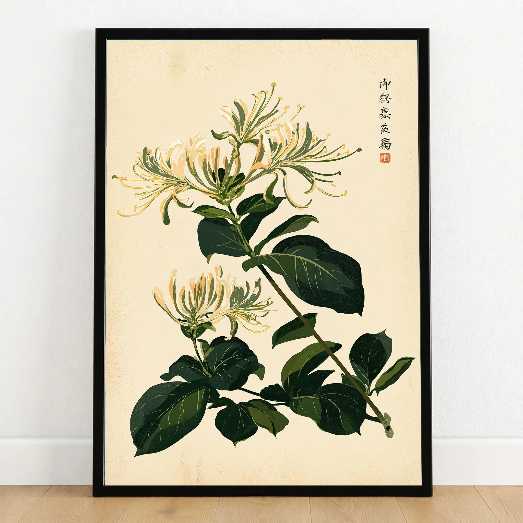 Japanese Honeysuckle Art Print – Vintage Botanical Wall Art — art print in black frame on wooden floor