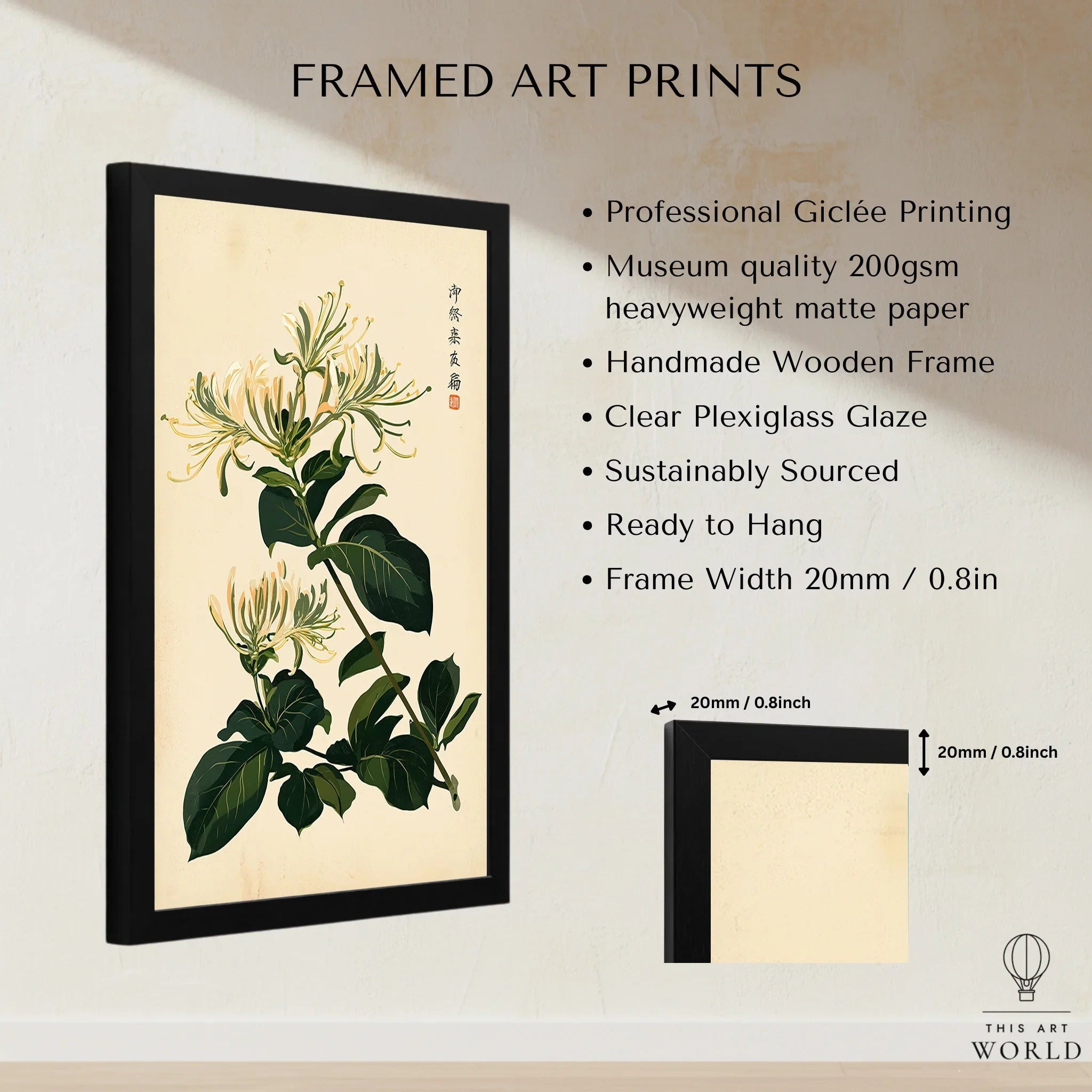 Japanese Honeysuckle Art Print – Vintage Botanical Wall Art — framed print details measurements quality details