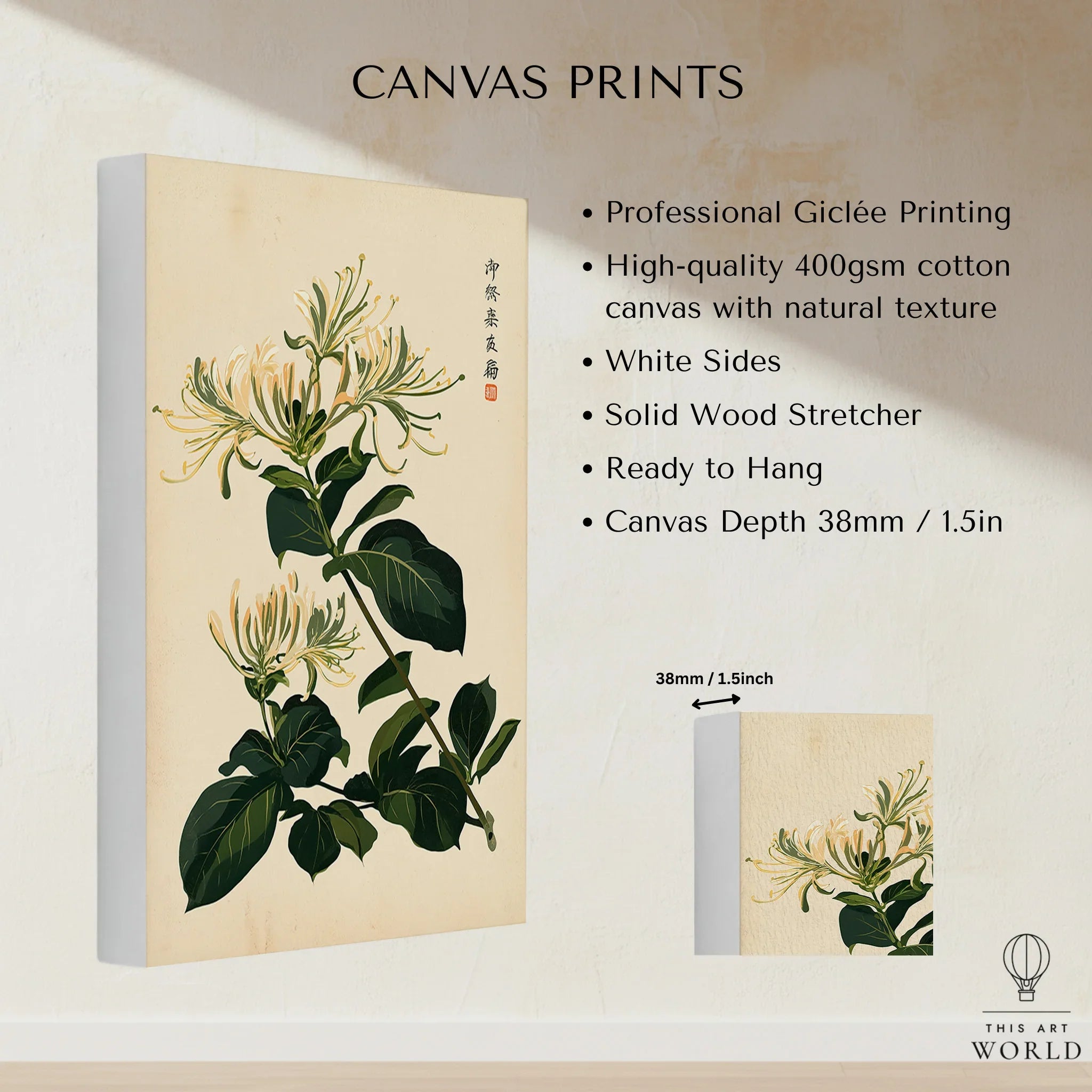 Japanese Honeysuckle Art Print – Vintage Botanical Wall Art — canvas print stretched cotton canvas details