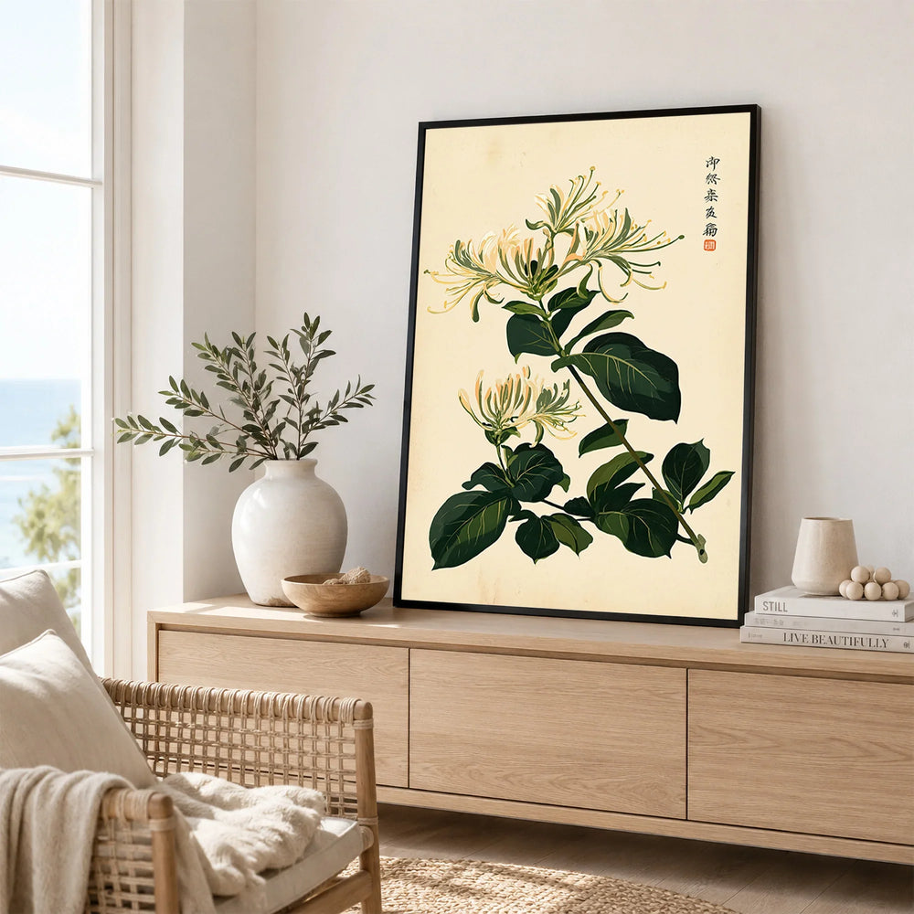 Japanese Honeysuckle Art Print – Vintage Botanical Wall Art — framed artwork living room lifestyle setting